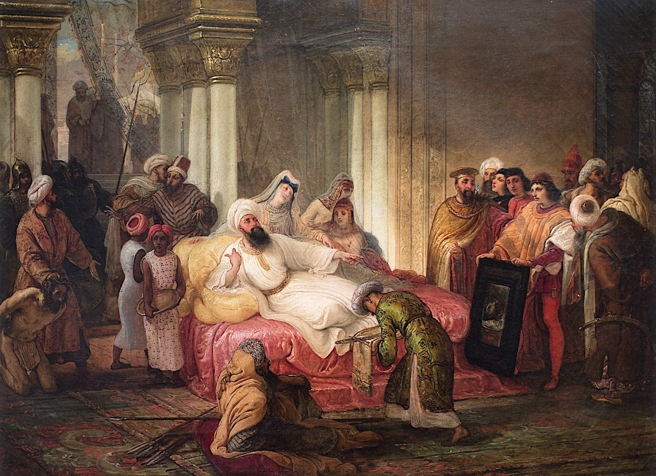 Gentile Bellini, accompagnato dal veneziano Bailo, dona a Maometto il dipinto di san Giovanni decollato